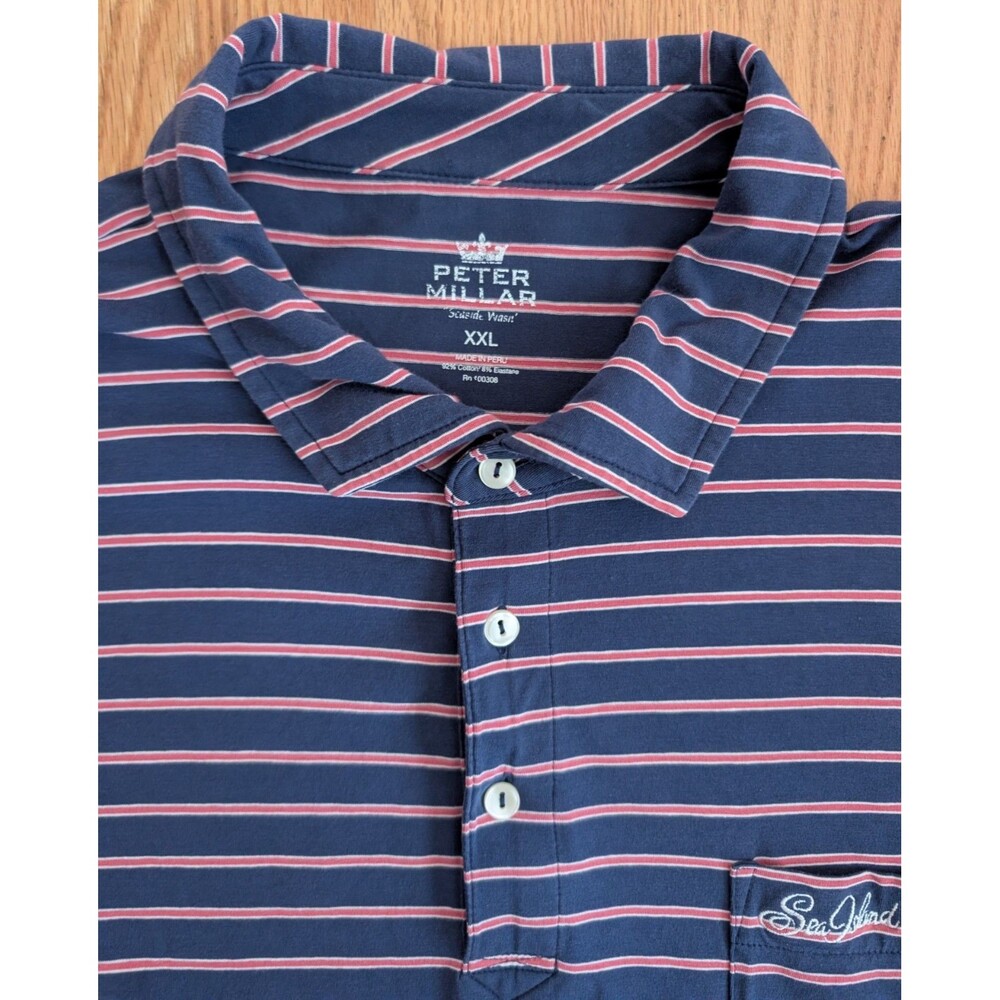 Peter Millar Men's Sea Island Polo Shirt Seaside Wash Striped Blue Red 2XL